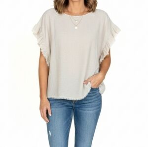 UMGEE Size Small Linen Boxy Silhouette Raw Frayed Fringe Finish Bohemian Blouse